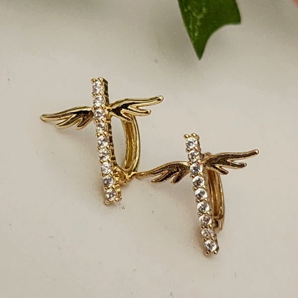 Gold Filled Huggie Hoop Earrings Cross with Wings CZ Accent